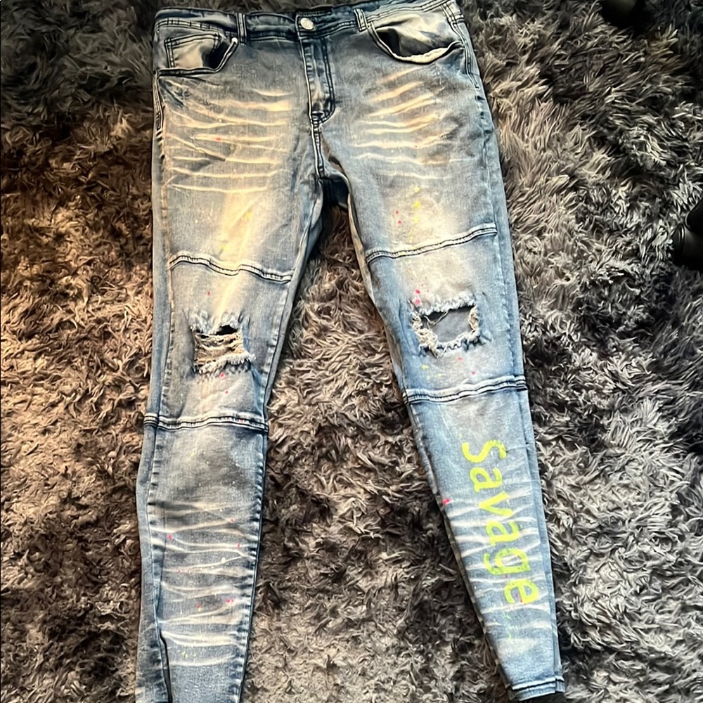 Blue Distressed men’s Jeans with 'Savage' Graphic